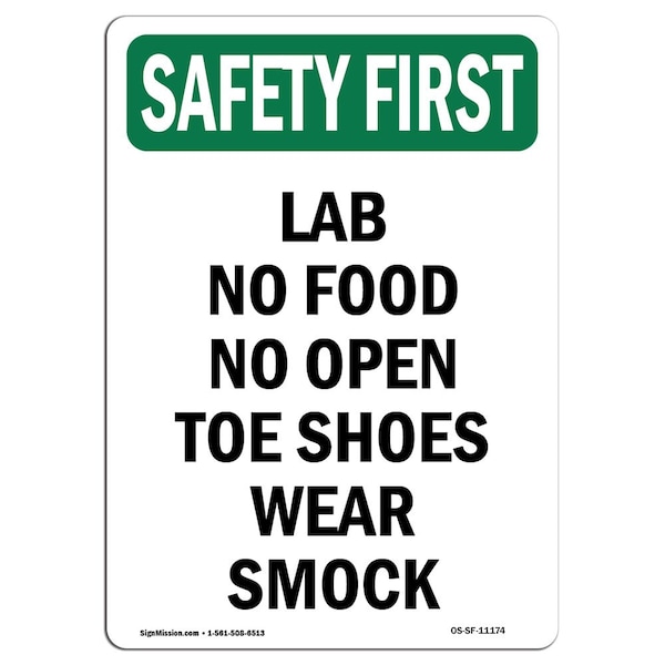 Signmission OSHA, Lab No Food No Open Toe Shoes Wear Smock, 14in X 10in Rigid Plastic, 10" W, 14" H, Portrait OS-SF-P-1014-V-11174 - main